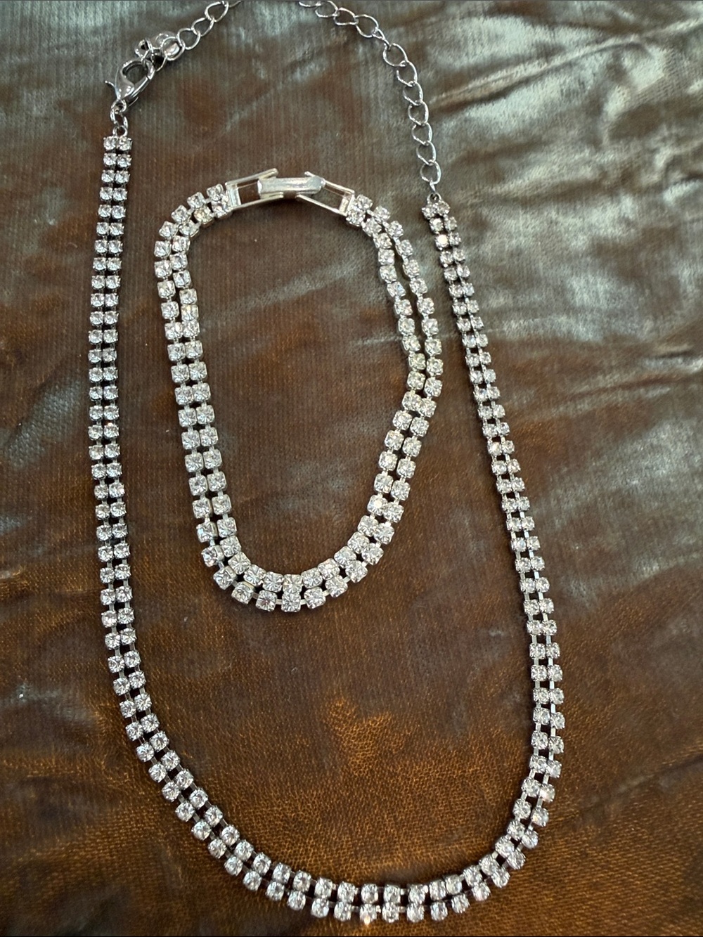 Silver Tone Double Row Rhinestone Necklace Bracelet Set
